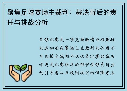 聚焦足球赛场主裁判：裁决背后的责任与挑战分析