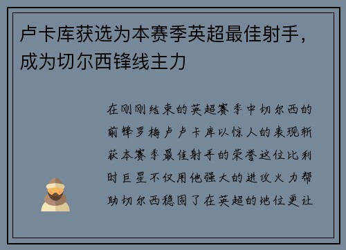 卢卡库获选为本赛季英超最佳射手，成为切尔西锋线主力