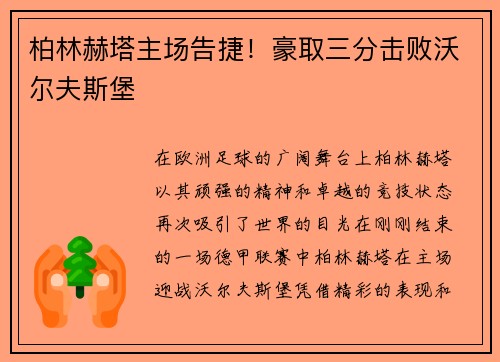 柏林赫塔主场告捷！豪取三分击败沃尔夫斯堡