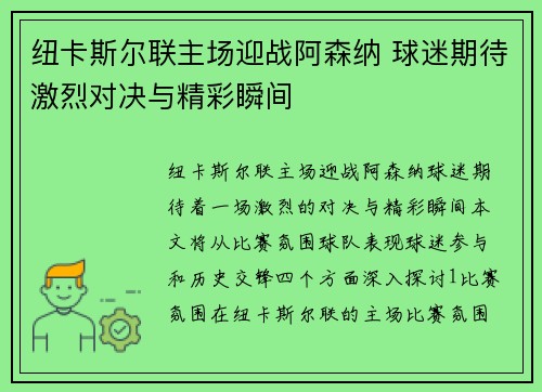 纽卡斯尔联主场迎战阿森纳 球迷期待激烈对决与精彩瞬间