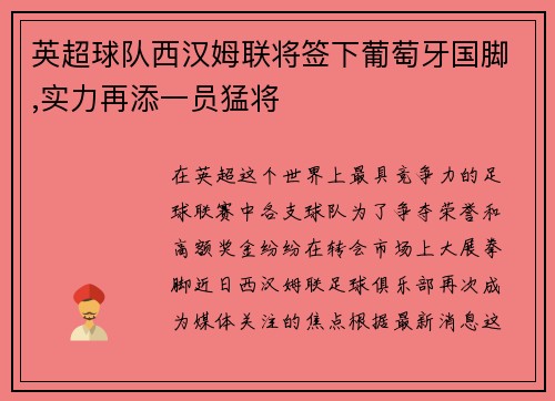 英超球队西汉姆联将签下葡萄牙国脚,实力再添一员猛将