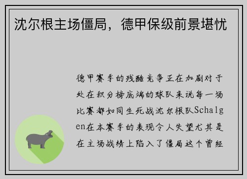 沈尔根主场僵局，德甲保级前景堪忧