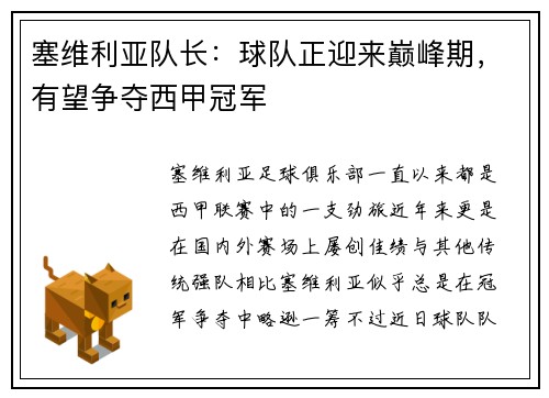 塞维利亚队长：球队正迎来巅峰期，有望争夺西甲冠军