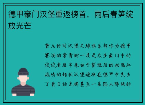 德甲豪门汉堡重返榜首，雨后春笋绽放光芒
