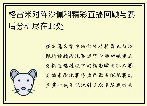 格雷米对阵沙佩科精彩直播回顾与赛后分析尽在此处