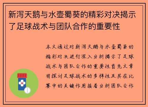 新泻天鹅与水壶蜀葵的精彩对决揭示了足球战术与团队合作的重要性