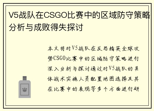 V5战队在CSGO比赛中的区域防守策略分析与成败得失探讨