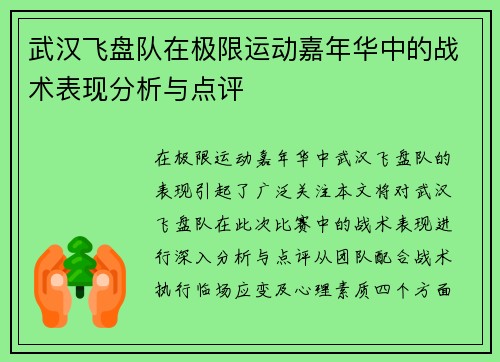 武汉飞盘队在极限运动嘉年华中的战术表现分析与点评